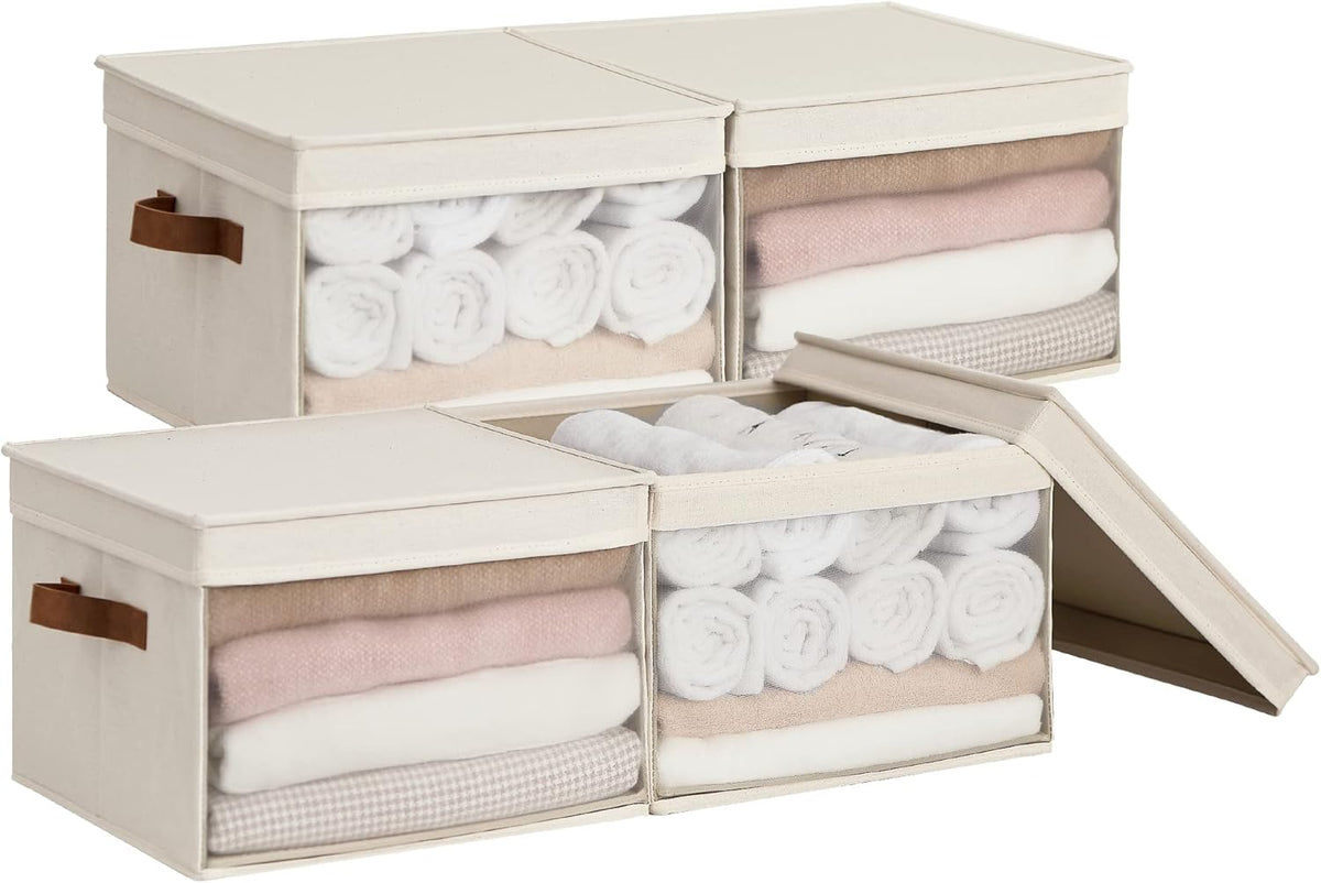 StorageWorks Storage Bins with Lid and Clear Window, Fabric Storage Boxes with Lids, Stackable Basket for Shelves, Closet Organizer and Storage Bins, Beige, Large, 4-Pack