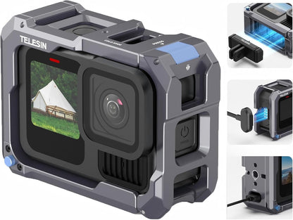 TELESIN Upgraded Aluminum Alloy Cage Frame Housing for Go Pro 13 12 11 10 9 Black, Supports Go Pro 13 Quick-Release System & Magnetic Charging, with 1/4" Thread & Cold Shoe for Video Light Microphone