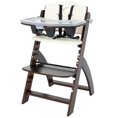 Abiie Beyond Junior Wooden High Chair with Tray - Adjustable and Convertible High Chair for Babies and Toddlers - 6 Months to 250 Lb - Water Resistant - Mahogany Wood/White Cushion
