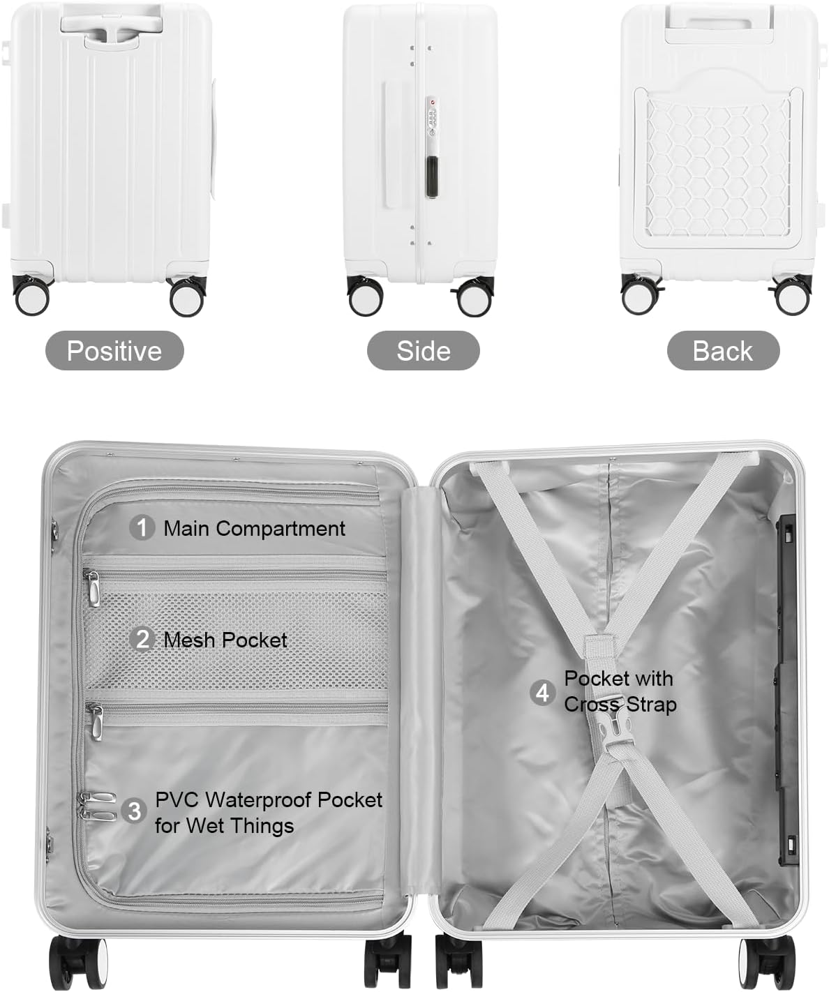 MRPLUM Carry On Luggage Double Handle Suitcase with Net Pocket,Hard Shell Spinner Wheels Luggage with TSA Lock&Seat Belt,20 inch,White