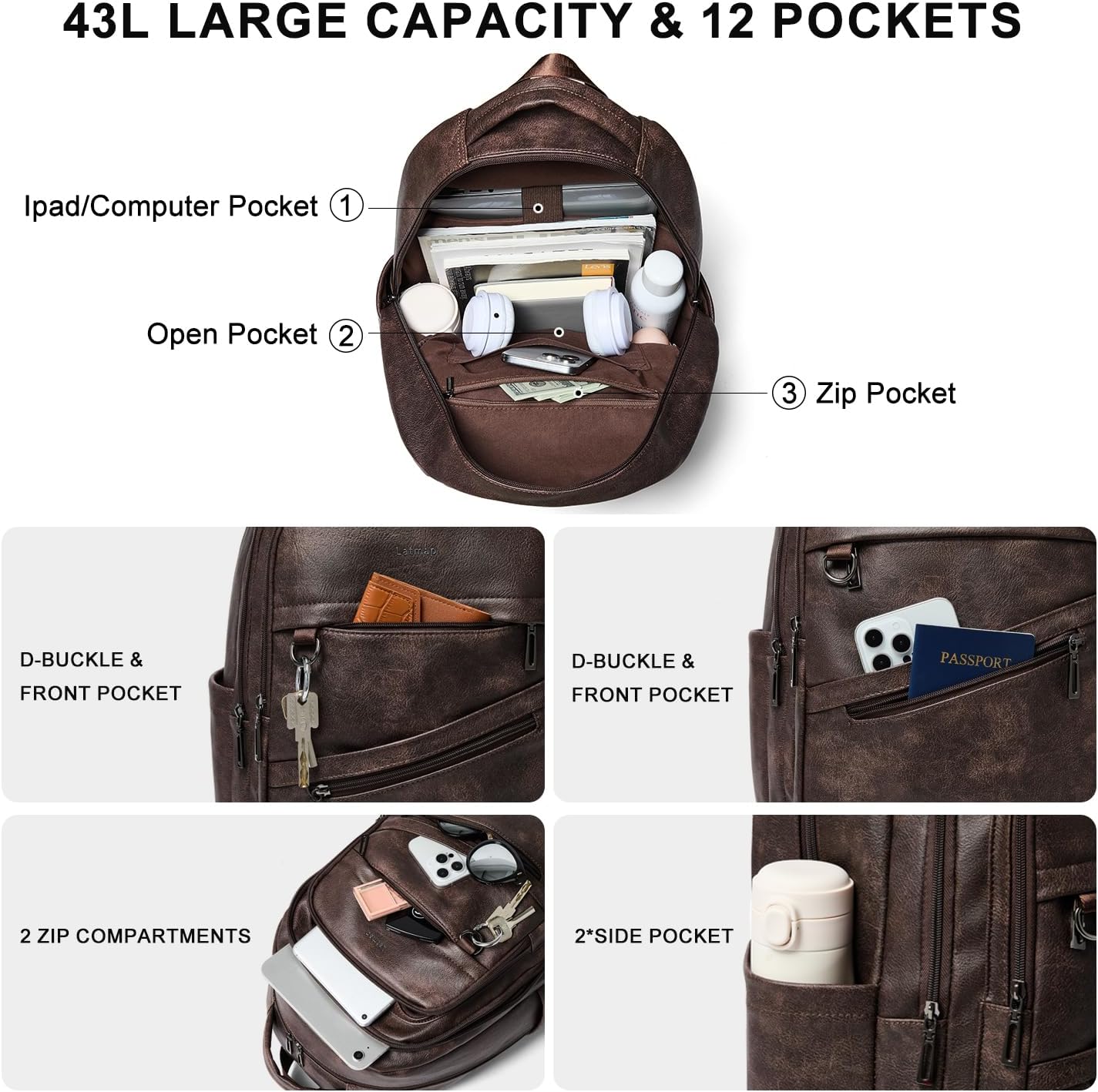 43L Backpack for Women Men - Vegan Leather Backpack Purse Travel Carry-on Bag College Bookbag Work fits 17" Laptop, Coffee