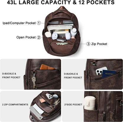 43L Backpack for Women Men - Vegan Leather Backpack Purse Travel Carry-on Bag College Bookbag Work fits 17" Laptop, Coffee