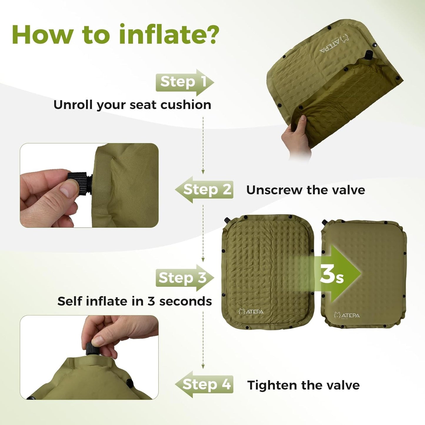 ATEPA Inflatable Stadium Seat Cushion, Self-Inflating Memory Foam Stadium Seats Bleacher Seat Chair Cushion Pad for Airplane Travel Backpacking Sports Events