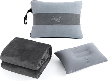Melissa Large Travel Blanket and Inflatable Pillow Set - 69“ x 43.3” – Soft Blanket with Carry Bag – Lightweight, Compact & Washable for Backpacking, Hiking, Car, Airplane, Office, Camping (Gray)