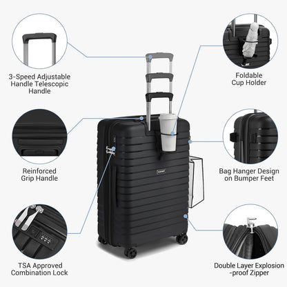 Kono 24 Inch Expandable Luggage Suitcase with Spinner Wheels, Durable Hardside Checked Luggage with Hidden Cup Holder, Lightweight Hard Shell Medium Suitcase with TSA Lock(Black)
