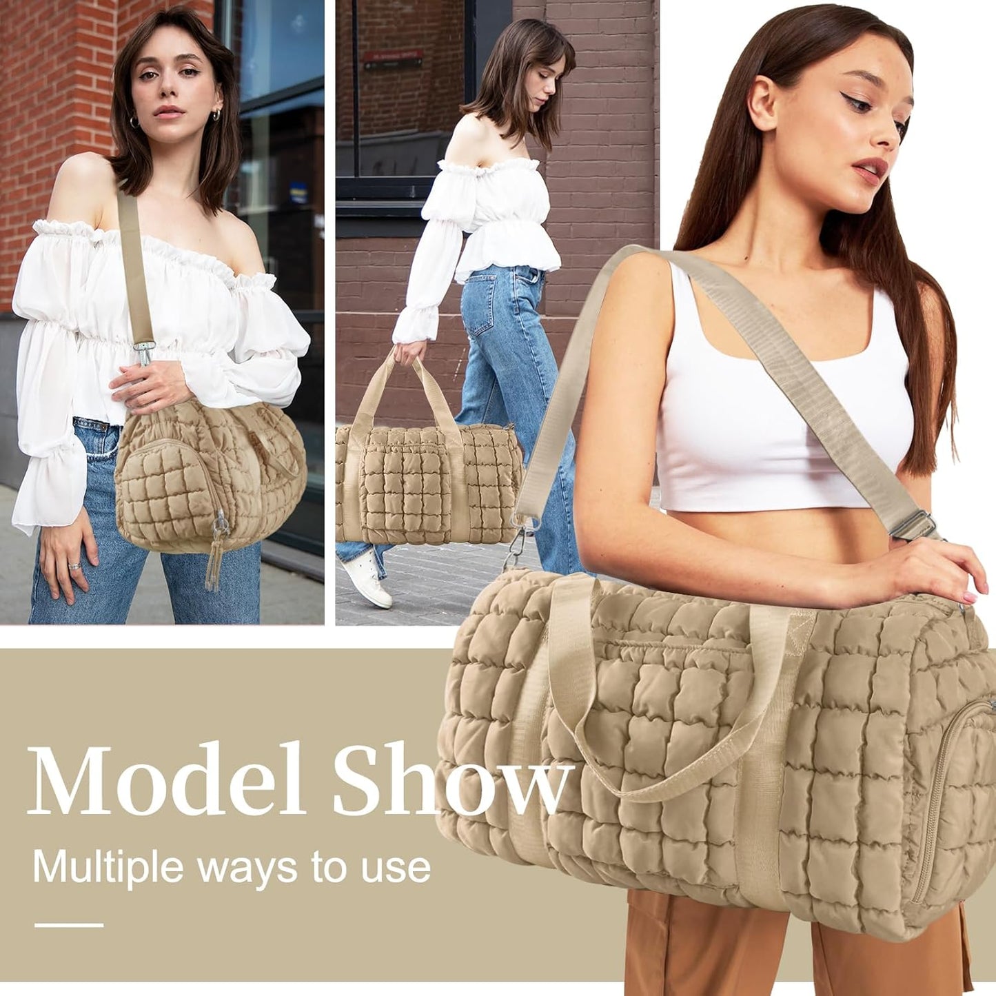 Quilted Travel Duffle Bag Gym Bag for Women,Large Puffer Duffle Weekender Bag with Compartment,Workout Overnight Carry on Organizer Bag Duffle Bag for Airplane Travel(Khaki)