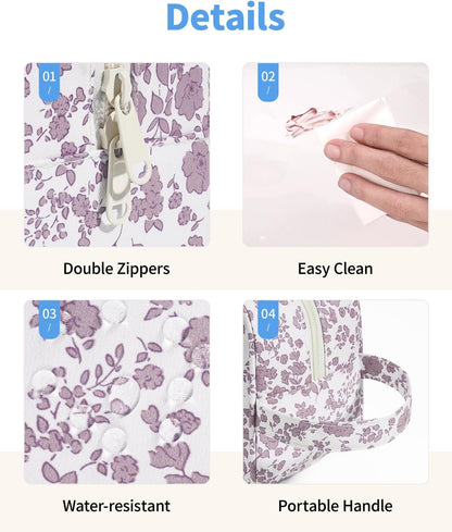 Narwey Clear Toiletry Bags for Traveling Women Men, Clear Travel Bags for Toiletries Makeup Bag Cosmetic Bag with Zipper, Make Up Organizer, Skincare Bag (Little Dusty Pink Flower)