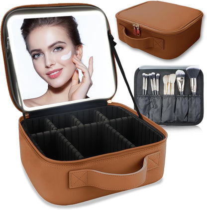 Makeup Bag with Led Mirror,Travel Makeup Organizer with 3 Color Setting, Portable Storage and Adjustable Dividers Travel Makeup Bag(CARAMEL COLOR)