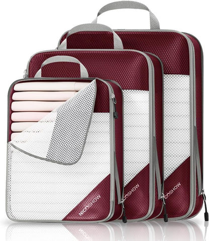 3 Set Compression Packing Cubes for Travel - Compressible, Lightweight, and Space-Saving Packing Cubes, Travel Essentials for Women, Wine