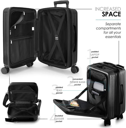 22 Inch Carry On Luggage 22x14x9 Airline Approved, Carry On Suitcase with Wheels, Hard-shell Carry-on Luggage, Durable Luggage Carry-On, Black Small Suitcase with Cosmetic Case