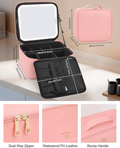 Relavel Makeup Bag with Light Up Mirror, Makeup Case Travel Cosmetic Bags Brush Organizer Storage Box, Rechargeable Vanity Mirror with 3 Color Lights, High Frame Mirror Protection (Pink)