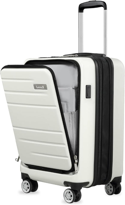 LUGGEX Carry On Luggage 22x14x9 Airline Approved, Expandable Polycarbonate Suitcase with Front Pocket (Light White, 20 Inch, 36.1L)