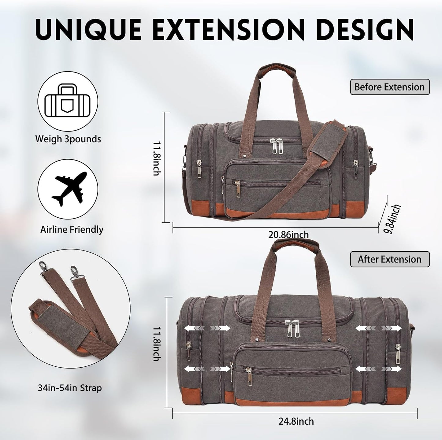 Men'S Duffle Bag For Travel, Expandable Canvas Duffel Bags Overnight Weekend Gym Carry On Luggage Bag For Men(Grey)