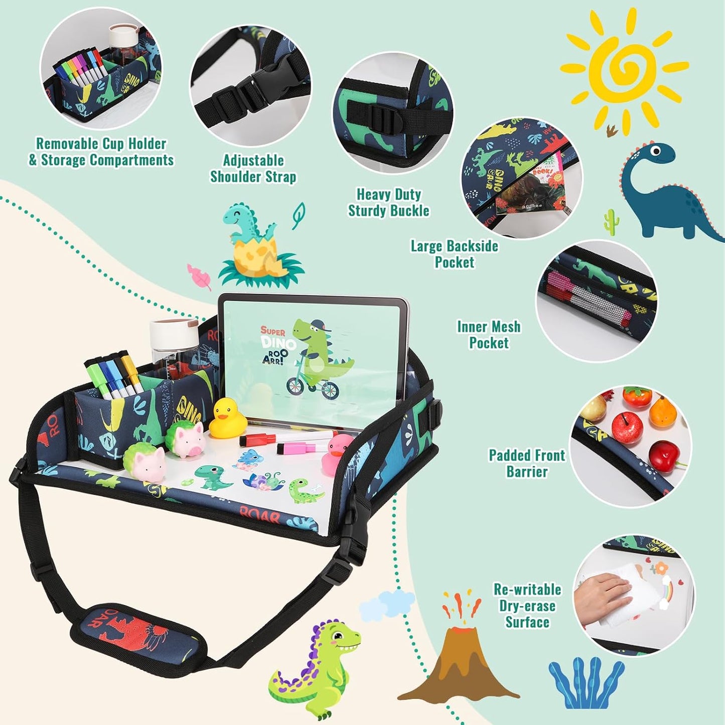 Kids Travel Tray for Airplane - Toddler Car Seat Table Tray, Road Trip Essentials for Boys & Girls, Carseat Lap Desk for Kids Road Trip Activities, Dinosaur