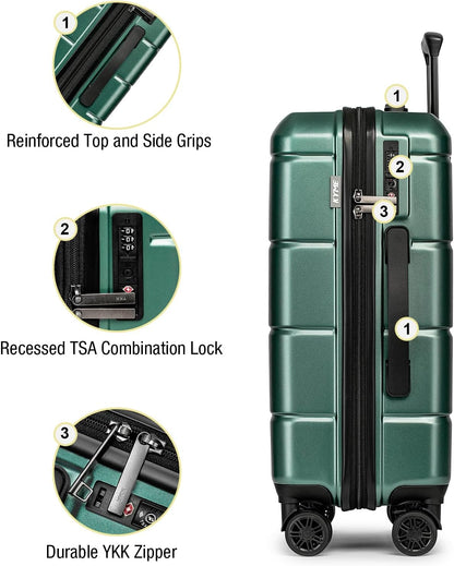 KYME Hardside Carry On Luggage 22x14x9 Airline Approved with TSA Lock Hardshell 22 Inch Suitcase with Spinner Wheels Small Travel Rolling Luggage with Cup Holder for Men Women Green