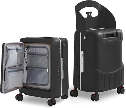 TABU 20" Ride-on Luggage with Seat，Front Opening Carry-On Hardshell Ride On Suitcase with Built-in Charging Port, 360° Lockable Spinner and TSA Lock, for Kids & Adults, Black