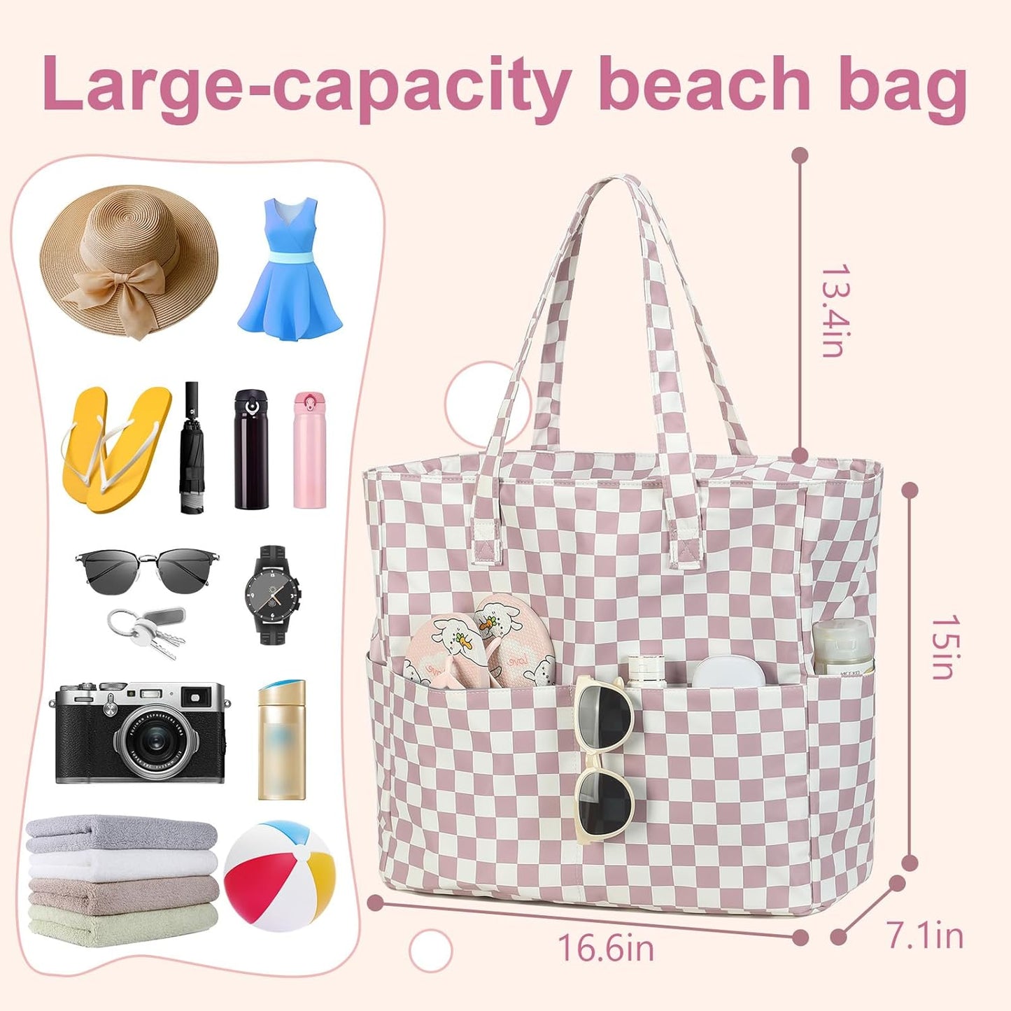 LEDAOU Beach Bag Waterproof Sandproof Women Tote Bag Pool Bag with Zipper for Gym Grocery Travel with Wet Pocket