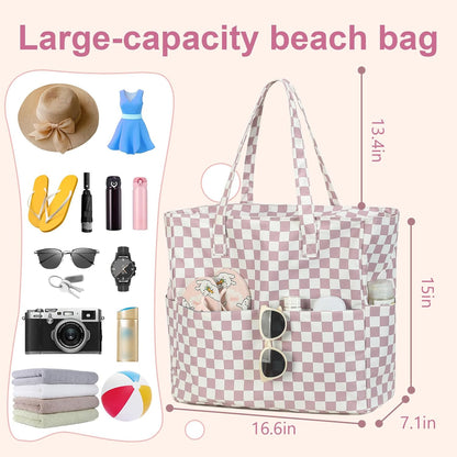 LEDAOU Beach Bag Waterproof Sandproof Women Tote Bag Pool Bag with Zipper for Gym Grocery Travel with Wet Pocket