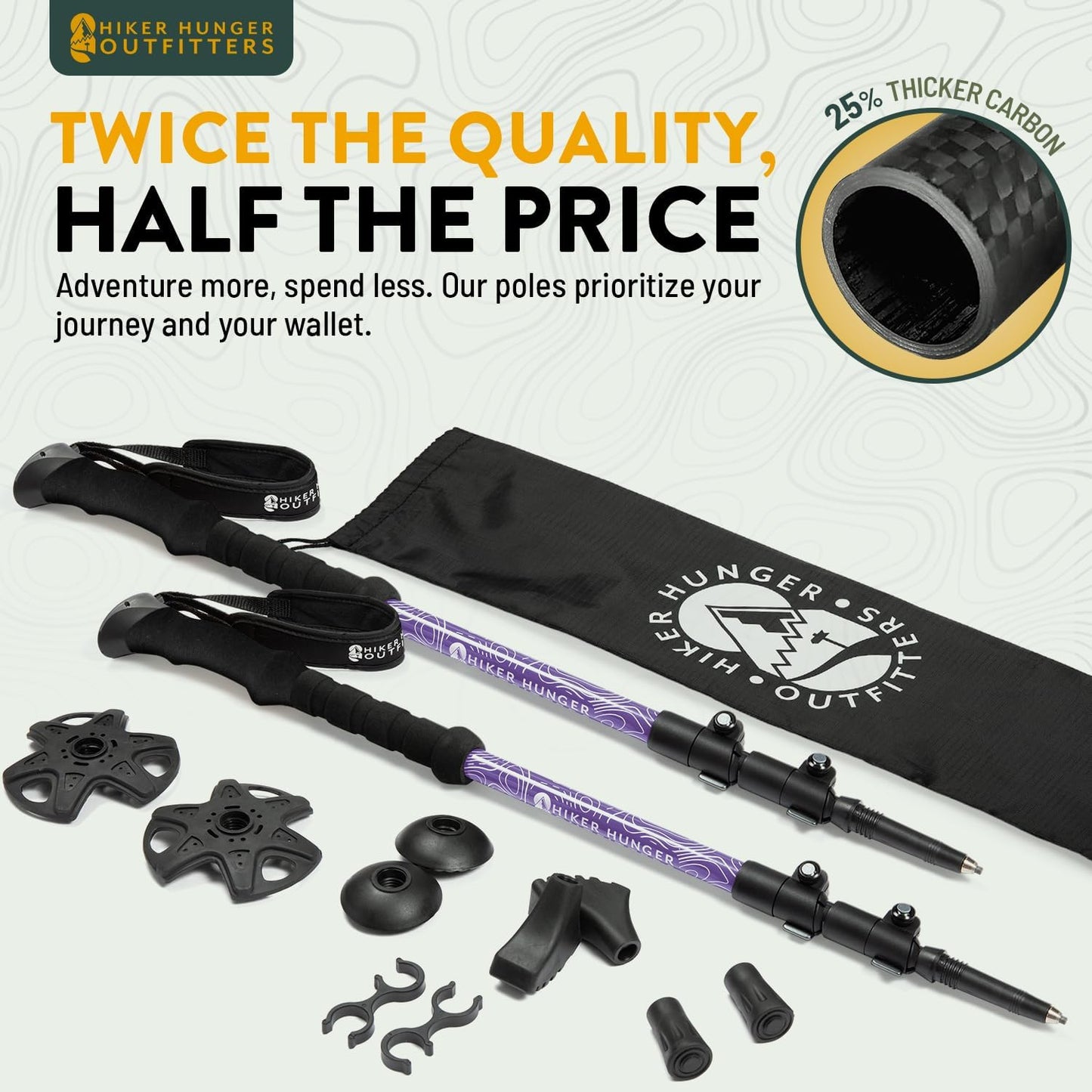 100% Carbon Fiber Trekking Poles by USA Brand - Ultra Strong Lightweight Collapsible Hiking Poles with Cork and EVA Foam Grips & Quick Adjustable Flip Locks