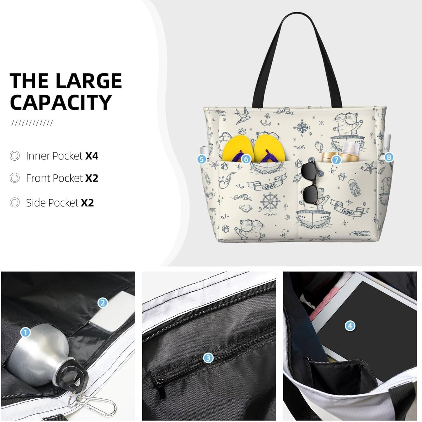 Beach Bag for Women Beach Tote Bag Waterproof Sandproof Large Bags with Zipper Big Capacity for Vacation Travel