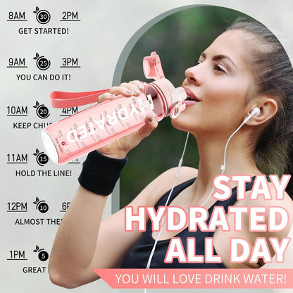 Water Bottle, 32 oz Motivational Water Bottles with Time Marker-Tritan & BPA Free, Sports Water Bottle with Time to Drink & Strap, Wide Mouth, Leakproof -Gift for Christmas Gym Fitness & Outdoor