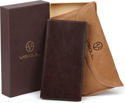 VISOUL Mens Leather Long Checkbook Bifold Wallets with RFID Blocking, Breast Pocket Tall Billfold Secretary Wallet for Men with Card Slots (Coffee)
