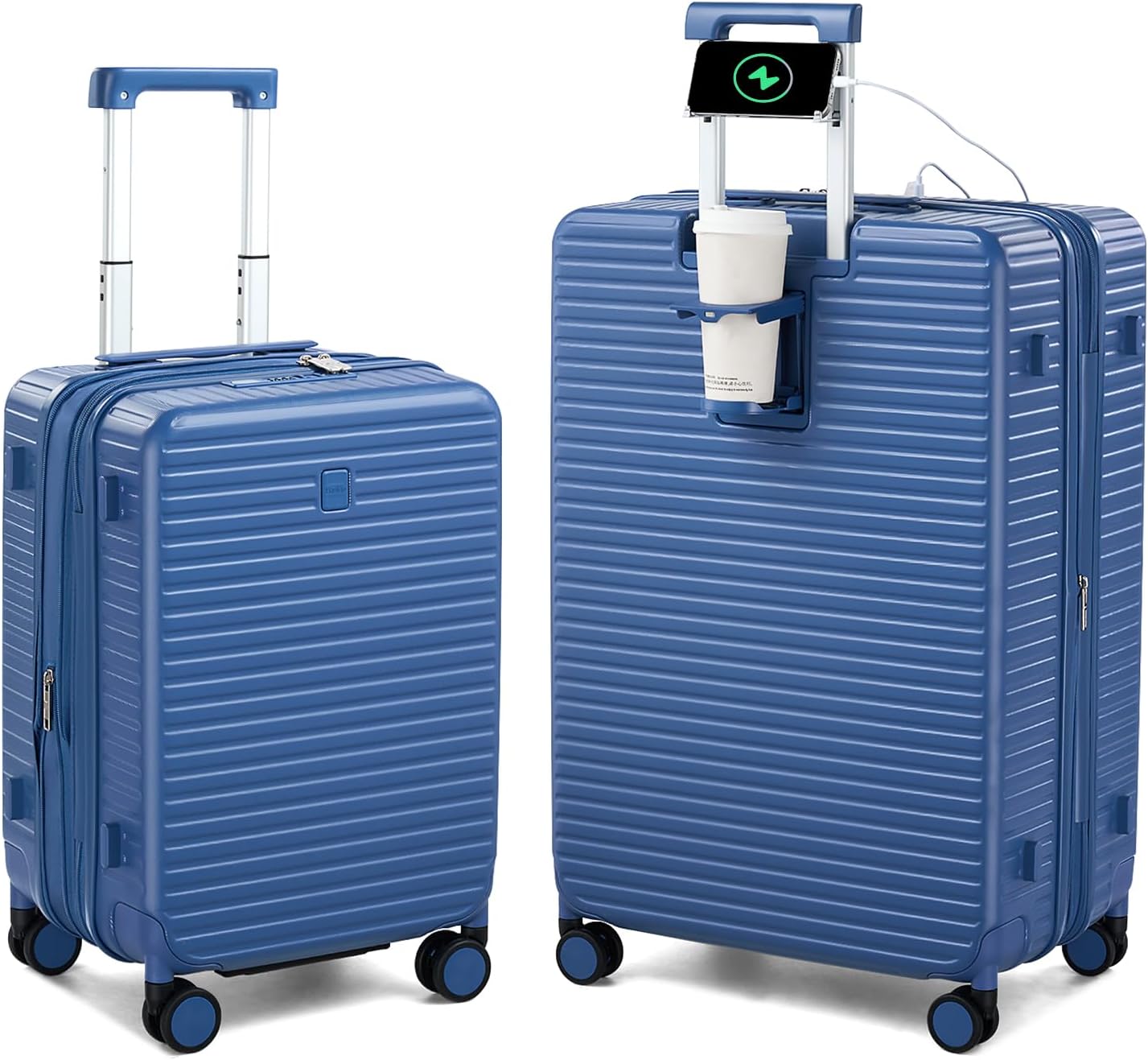 Hard Shell Suitcases Expandable Travel Luggage Sets 2 Piece, Carry on and Check in Luggage Lightweight Suitcase Set 2 Piece with Wheels Cup Holder Charger Built in (Interstellar Blue, 20/28)