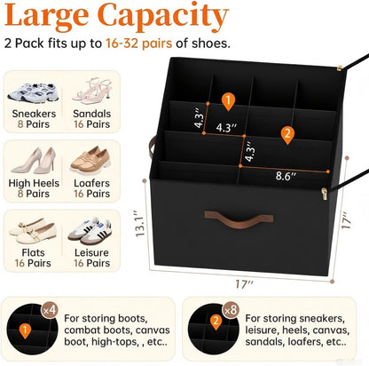 3 Pack Shoe Organizer for Closet, Foldable Shoe Storage Containers, Fits up to 24-48 Pairs, Shoe Storage Organizer Box Cubby Baskets Bins with Clear Cover and Reinforced Handles, Black