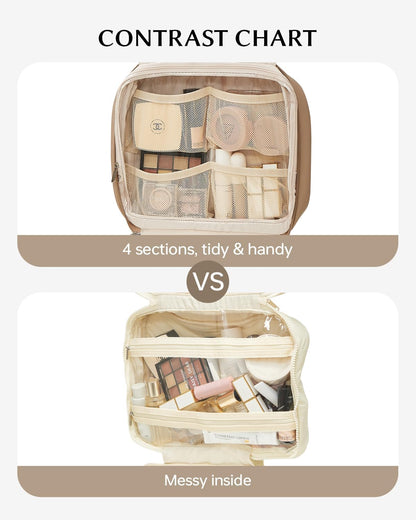 EACHY Toiletry Bag with Hanging Hook, Travel Makeup Bag PU Leather Cosmetic Bags for Women Make Up Organizer with 4 Compartments Waterproof Full-Size Portable Travel Essentials (Etoupe Grey-Pro)