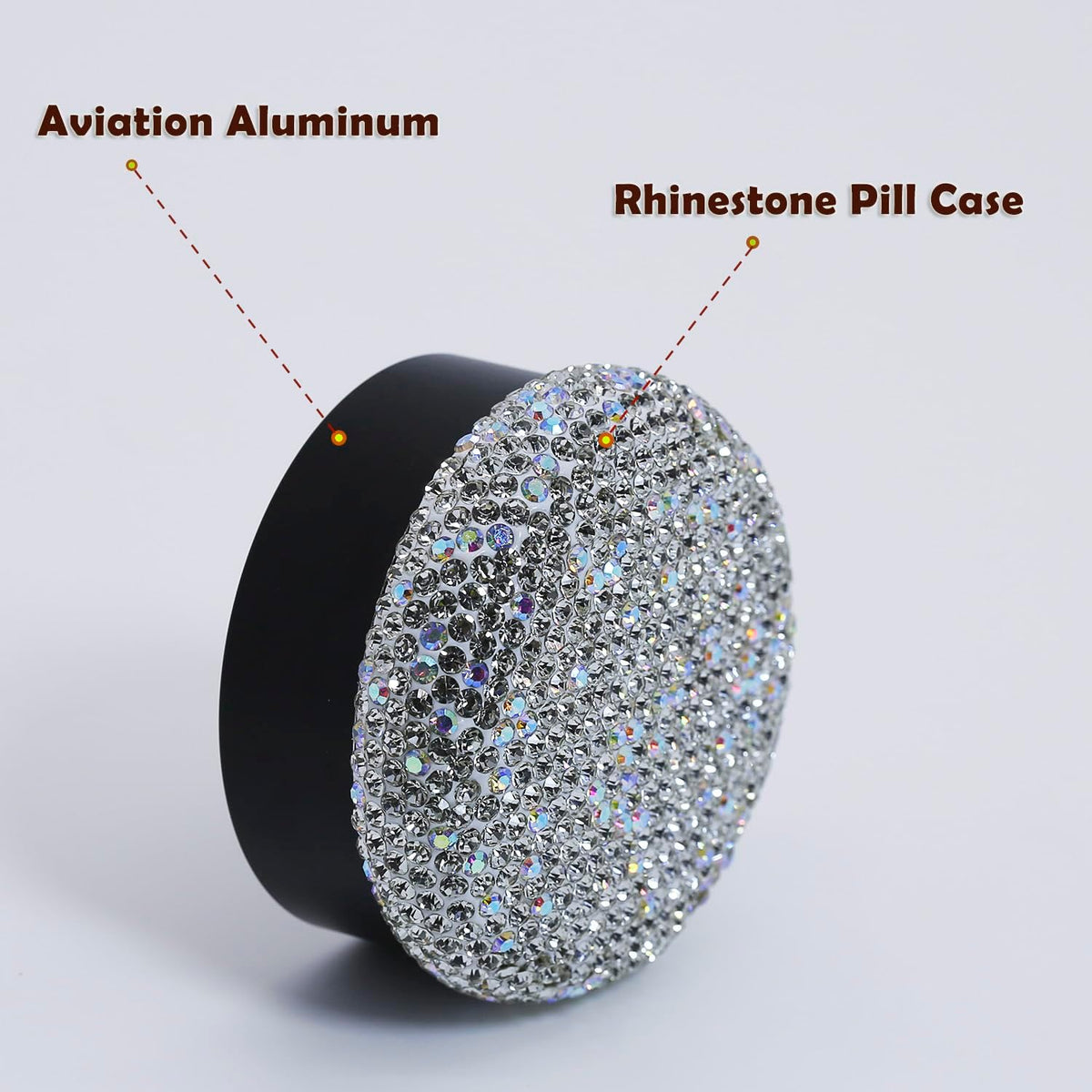 Small Pill Case 3 Compartments, Metal Round Portable Pill Box, Waterproof Travel Pill Organizer, Pocket Purse Medicine Vitamin Holder EDC Container (Black with Rhinestone)