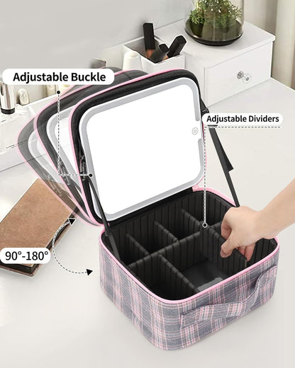 Makeup Bag With LED Mirror, Travel Makeup Case with Light up Mirror Large Cosmetic Case with 3 Color Lighted Portable Organizer Bag with Adjustable Dividers(Pink/Grey Stripes-Canvas, Small)