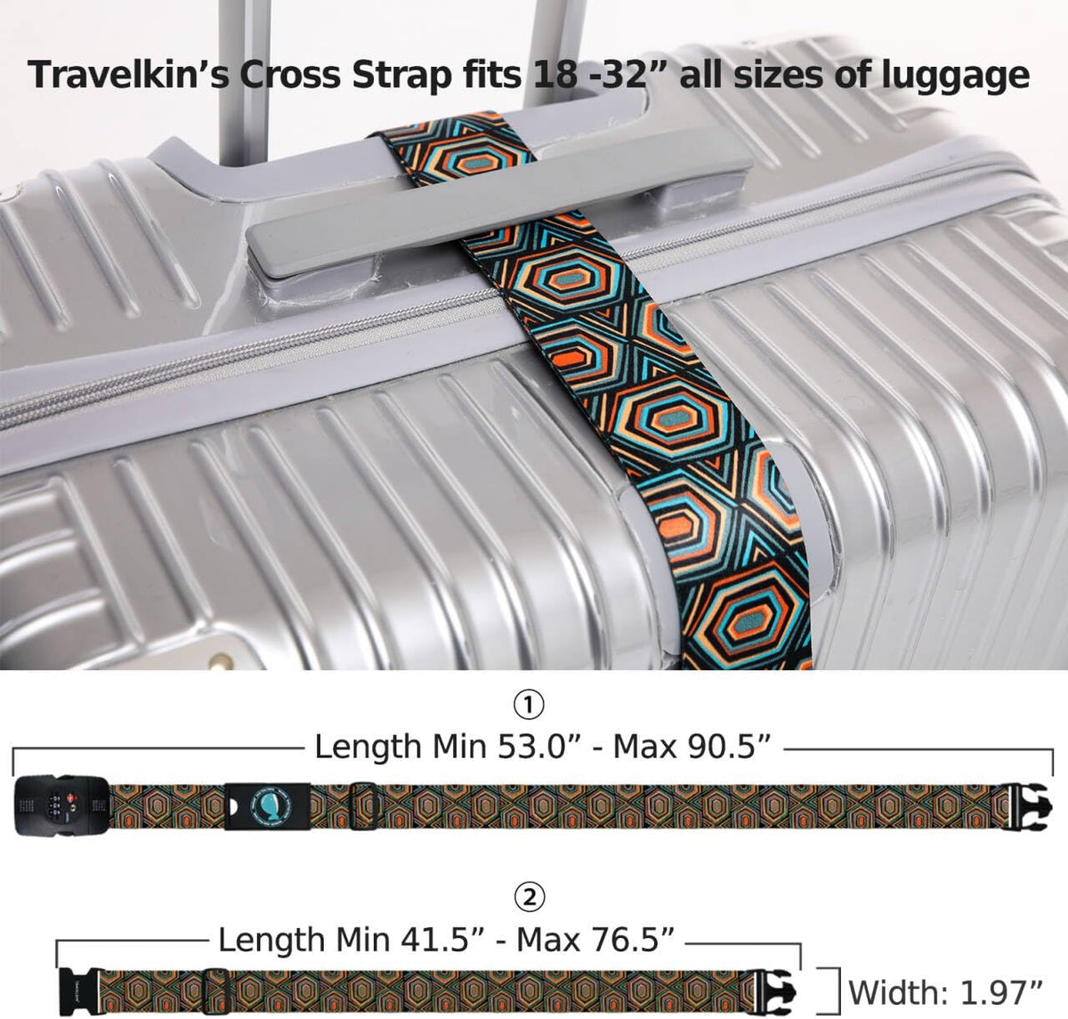 Travelkin Luggage Straps TSA Approved - Adjustable Cross Suitcase Straps with TSA Lock, Reinforced Buckle, Unique Pattern - Secure Heavy Duty Luggage Straps for Travel (Geometry)