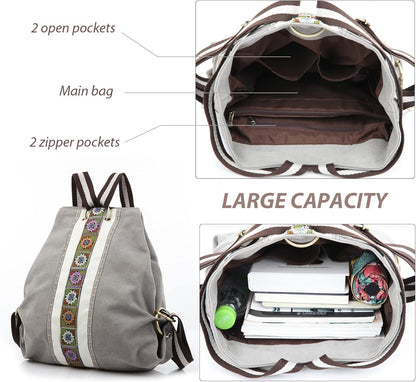 Goodhan Women Canvas Backpack Daypack Casual Shoulder Bag, Vintage Heavy-duty Anti-theft Travel Backpack, Light Grey
