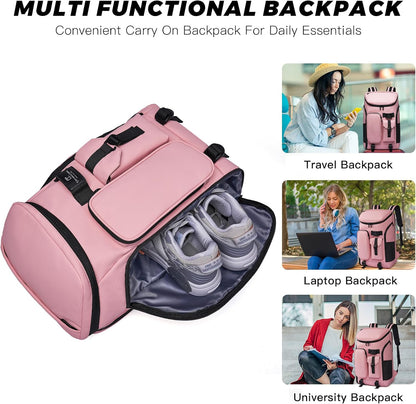 Carry on Travel Backpack for Men Women,30L Multi-Pocket 17.3inch Laptop Backpack, Sports Gym Tennis Badminton Backpack with Shoe Compartment-Pink