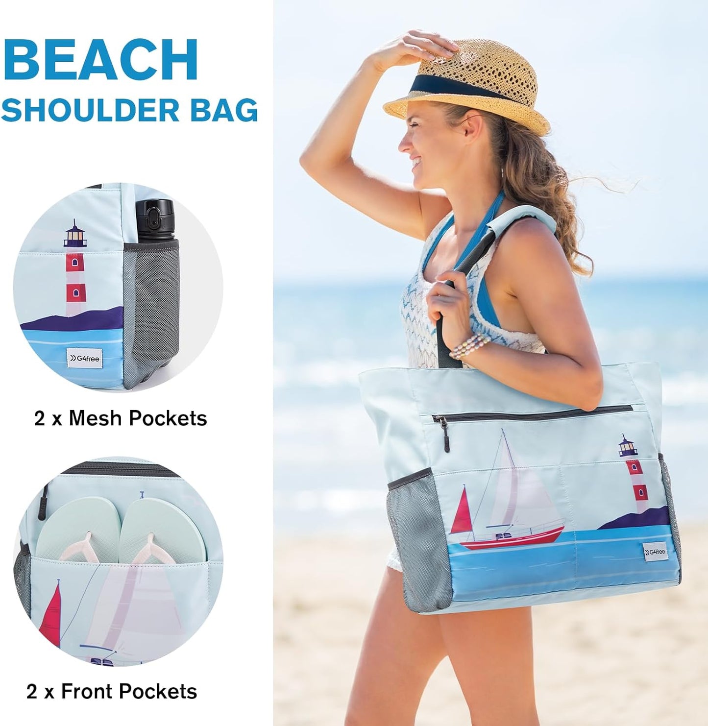 G4Free Beach Bag, Waterproof Sandproof Beach Tote Bag, Large Capacity Foldable for Women