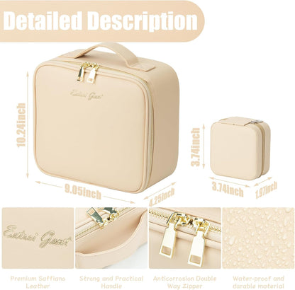 Makeup Travel Train Case with Mirror LED Light 3 Adjustable Brightness Large Cosmetic Bag Portable Storage Adjustable Partition Waterproof Makeup Brushes Make up Jewelry Gift for Women