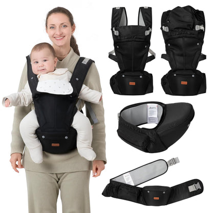 BabbleRoo Grow Carrier – 6-in-1 Baby Carrier with Hip Seat, Ergonomic, Cozy & Adjustable Toddler Carrier 7-50 lbs with Hip & Lumbar Support, Hood for Sun Protection, Newborn to Toddler, Black
