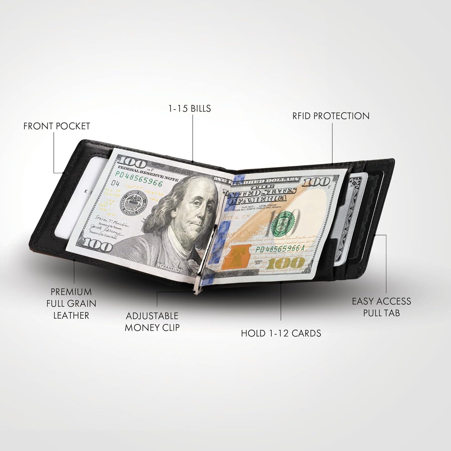 Kings Loot Money Clip Slim Minimalist Wallet for Men | RFID Blocking Leather Design with Money Clip | Front Pocket Bifold Holds 12 Cards | Stylish & Compact Wallets (Black)