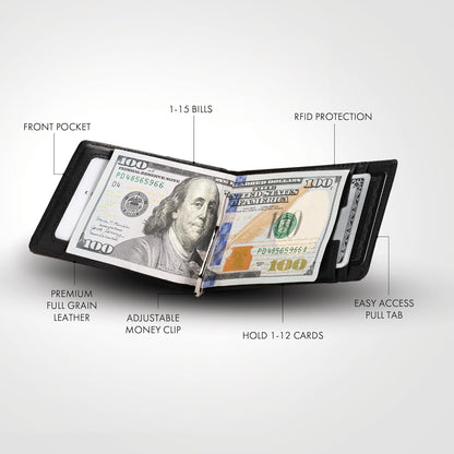 Kings Loot Money Clip Slim Minimalist Wallet for Men | RFID Blocking Leather Design with Money Clip | Front Pocket Bifold Holds 12 Cards | Stylish & Compact Wallets (Black)