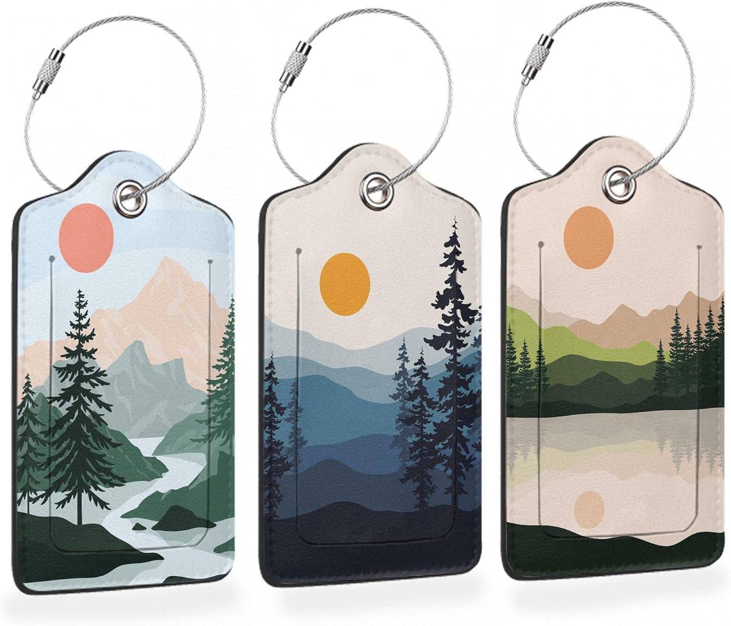 3 Pcs Luggage Tag for Suitcases,Mountain and Tree Sunset Landscape Leather Baggage Tags Identifiers for Travel,Privacy Protection Travel Bag Labels Suitcase Tags for Women Men