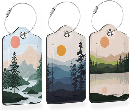 3 Pcs Luggage Tag for Suitcases,Mountain and Tree Sunset Landscape Leather Baggage Tags Identifiers for Travel,Privacy Protection Travel Bag Labels Suitcase Tags for Women Men