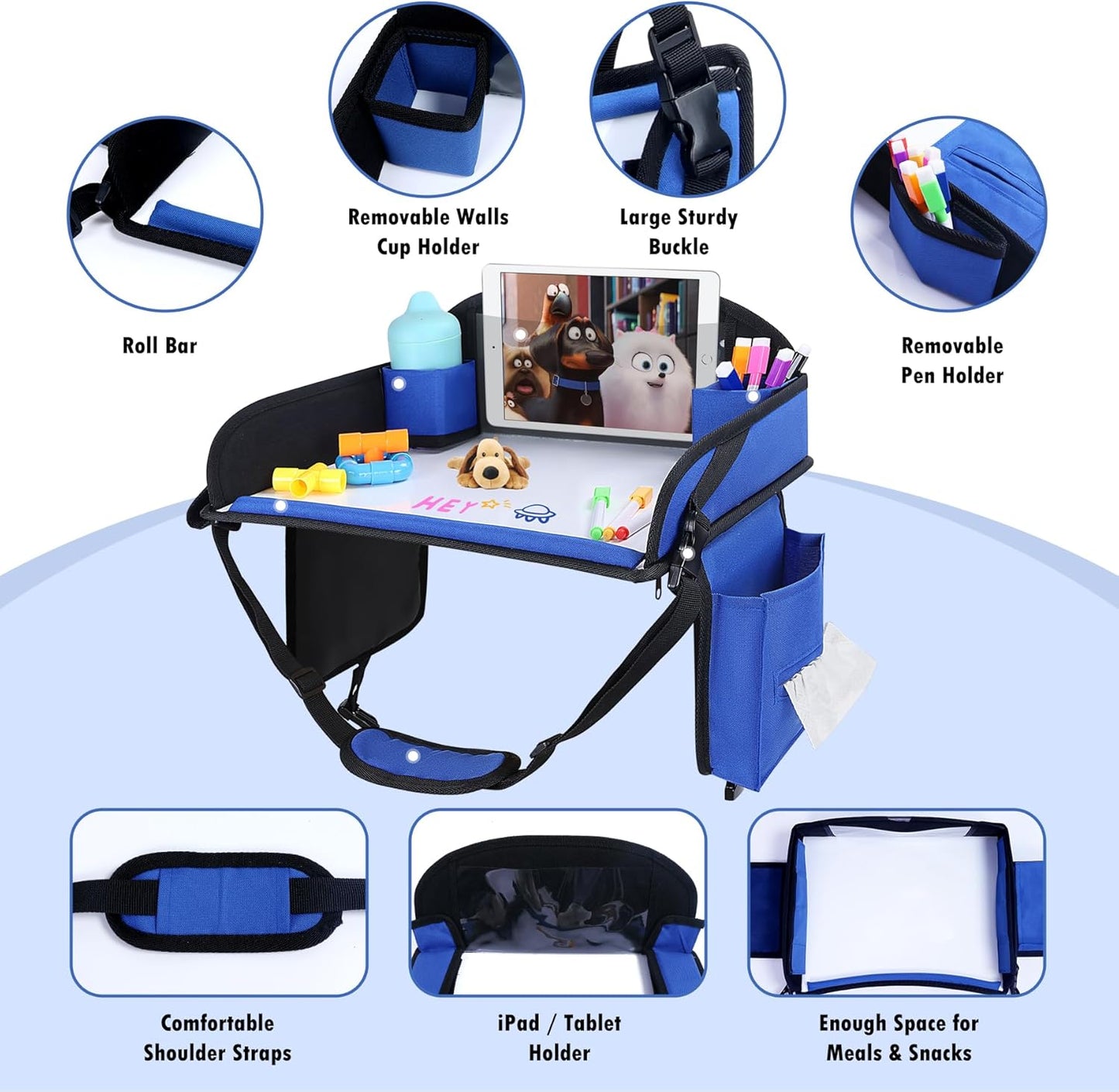 Kids Travel Tray for Car Seat, Toddler Road Trip Essentials With Drawing Kit, Travel Activities Must Haves (Navy Blue-2PCS)