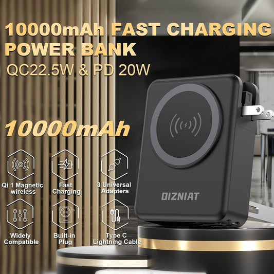 10000mAh Portable Charger Power Bank for magsafe, 22.5W Fast Charging Wall Plug Power Bank for iPhone Andriod Sumsung 5 in 1 Travel Wireless Charger Built in USB C Lightning Cables-B