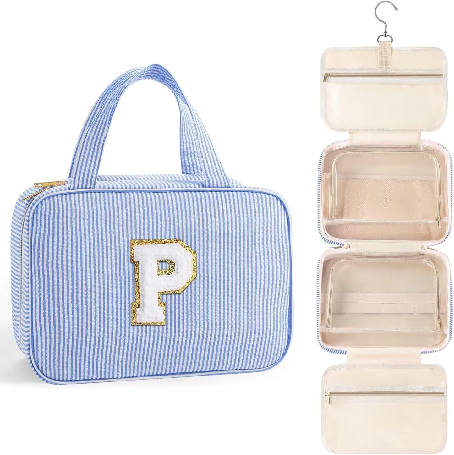 TOPEAST Hanging Toiletry Bag for Women - Travel Toiletry Bag Makeup Bag, Portable Toiletries Cosmetic Bag, Airplane Travel Essentials - Letter P, Blue