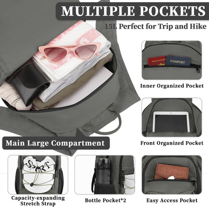 ZOMFELT Hiking Backpack for Women Men, 15L Lightweight Packable Backpacks for Trip, Water Resistant Small Travel Backpack, Foldable daypack for Hiking, Walking, Cycling, Camping, Grey & Black