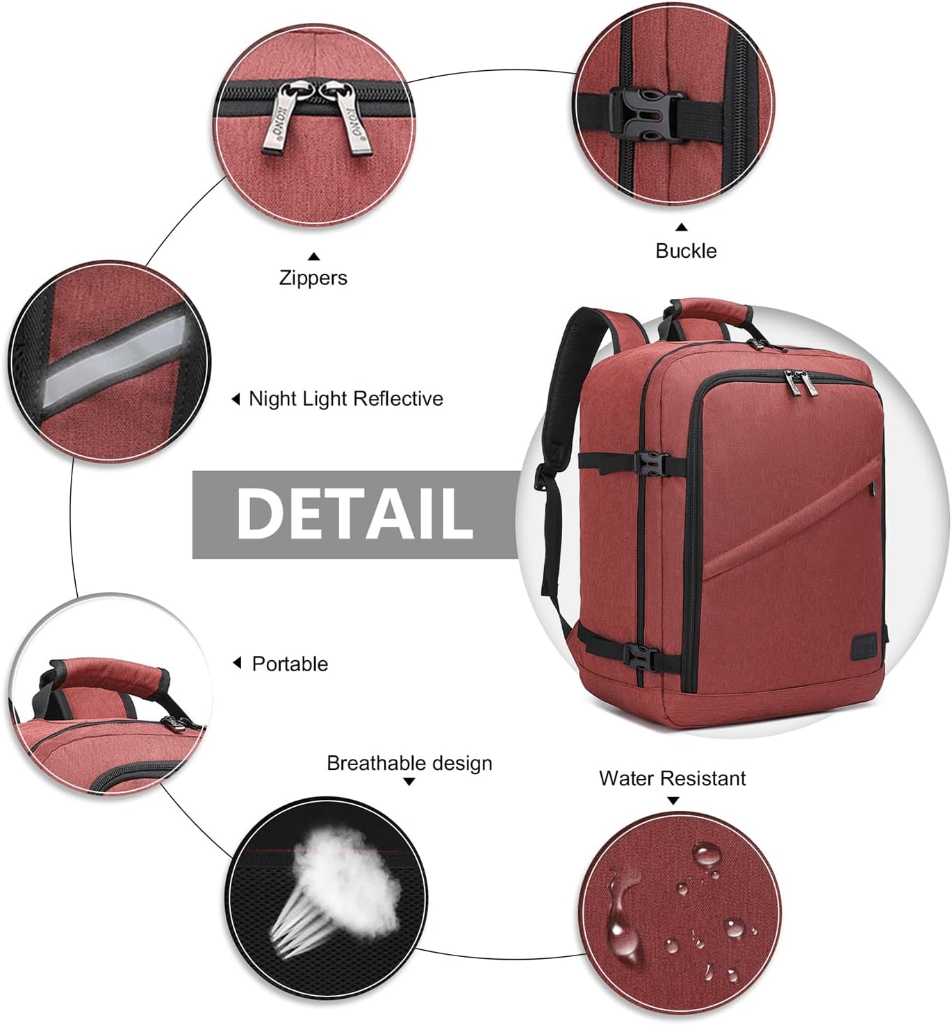 Kono Carry on Backpack, 18" Airplane Approved Under Seat Travel Backpack for Men and Women, Waterproof Lightweight Daypack for Flight 30L (Burgundy Red, Medium)