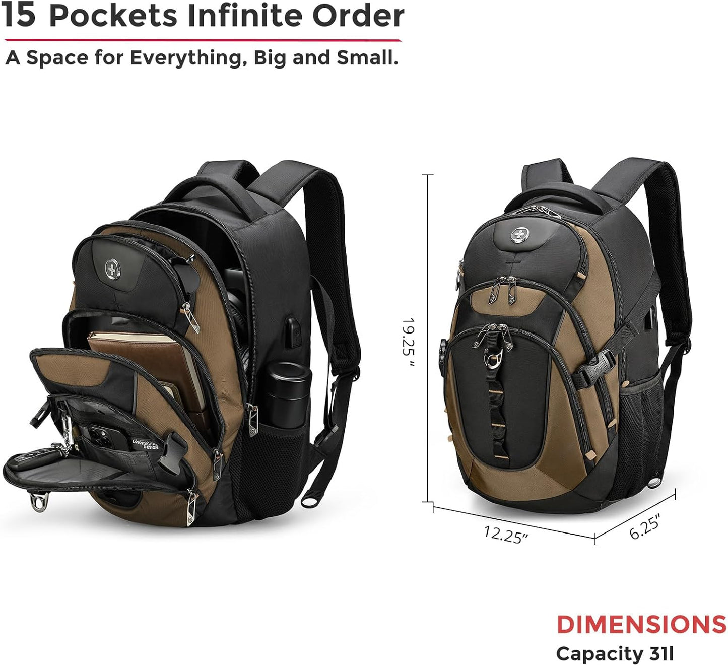 Swissdigital Design Laptop Backpack with USB Charging Port, TSA Travel Backpack Fits 15.6 inches Computer, 31L College School Backpack for Men, Tan/Black | SD803