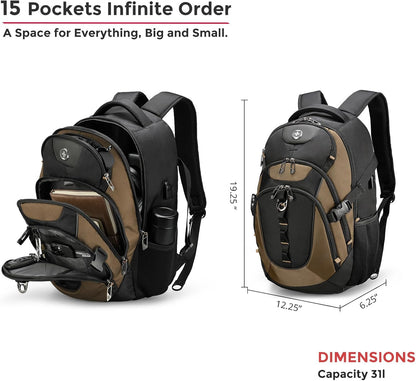 Swissdigital Design Laptop Backpack with USB Charging Port, TSA Travel Backpack Fits 15.6 inches Computer, 31L College School Backpack for Men, Tan/Black | SD803