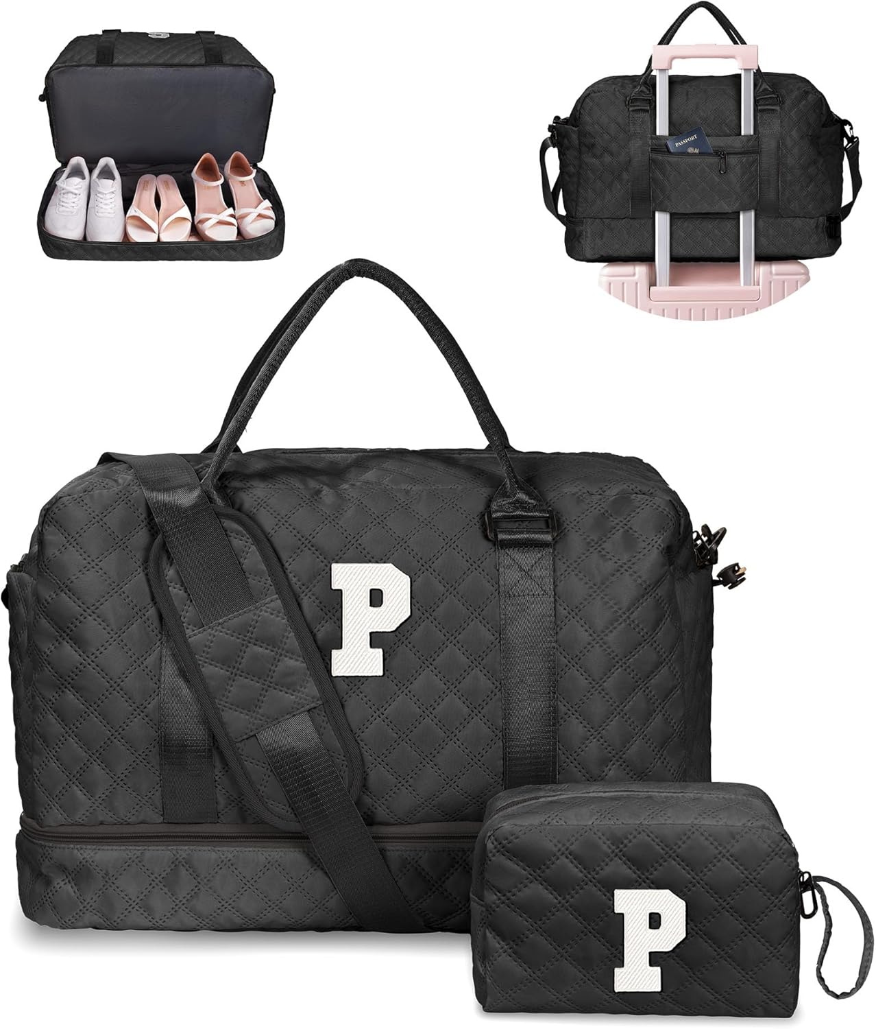 Gifts for Grandma-Initial Duffle Bag with Shoe Compartment, Personalized Weekender Bag, Monogram Overnight Bag, Letter Travel Bag with Makeup Bag，Daughter Friend Gifts (Letter P), Black