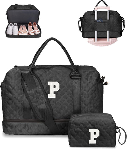 Gifts for Grandma-Initial Duffle Bag with Shoe Compartment, Personalized Weekender Bag, Monogram Overnight Bag, Letter Travel Bag with Makeup Bag，Daughter Friend Gifts (Letter P), Black